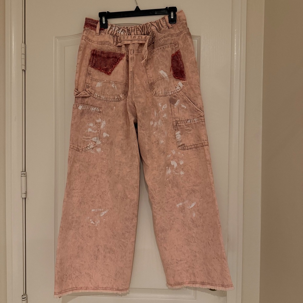 186. POL Oversize Size 10-12 Pink Acid Wash Jeans Distressed Paint Wide Leg M - Picture 5 of 11